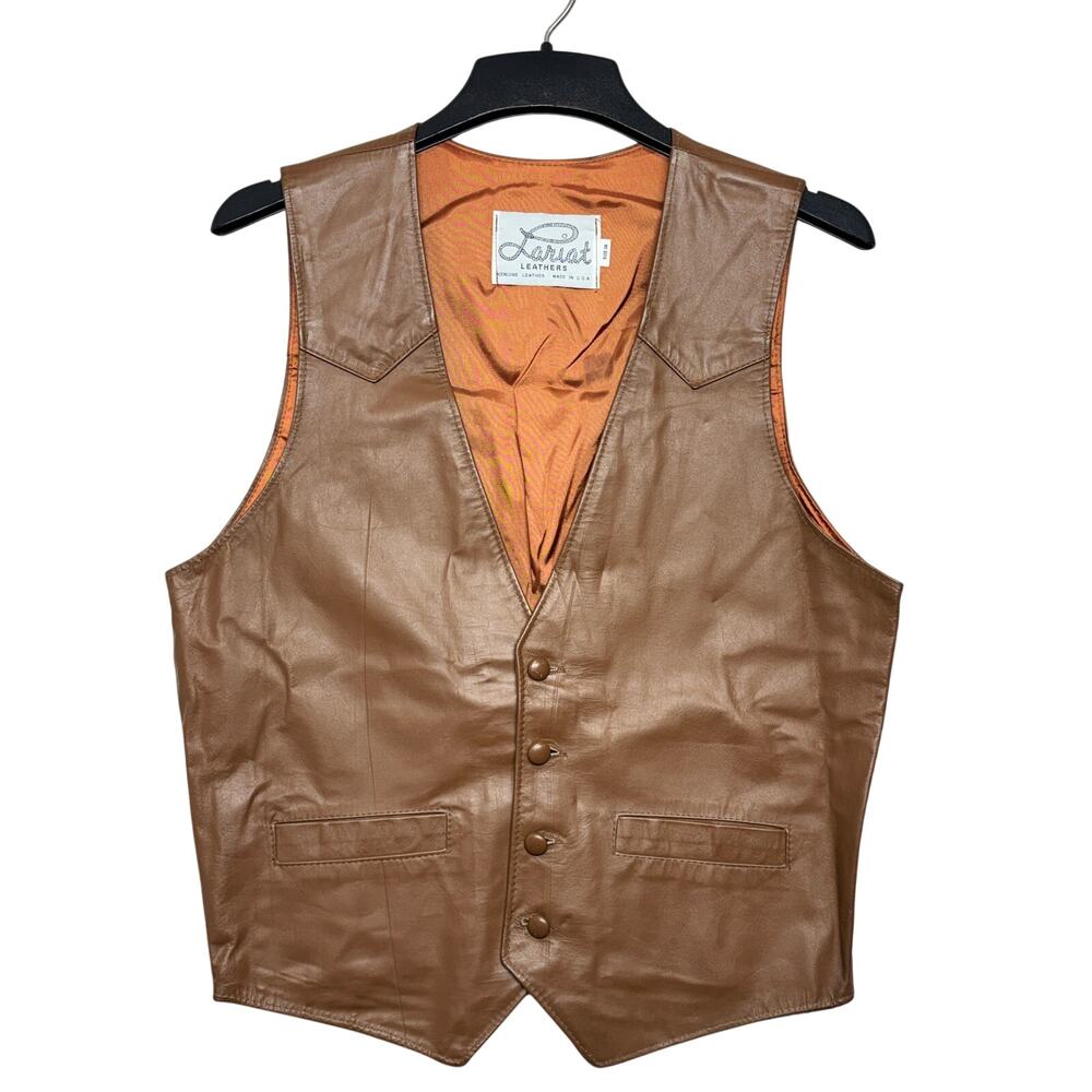 Vintage Deadstock Lariat Leathers Vest 38 Brown Western Cowboy Made in USA 80s